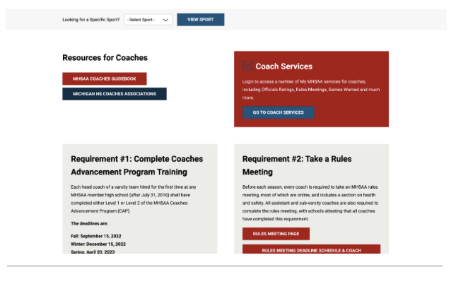 Coach-specific content as seen on the MHSAA website