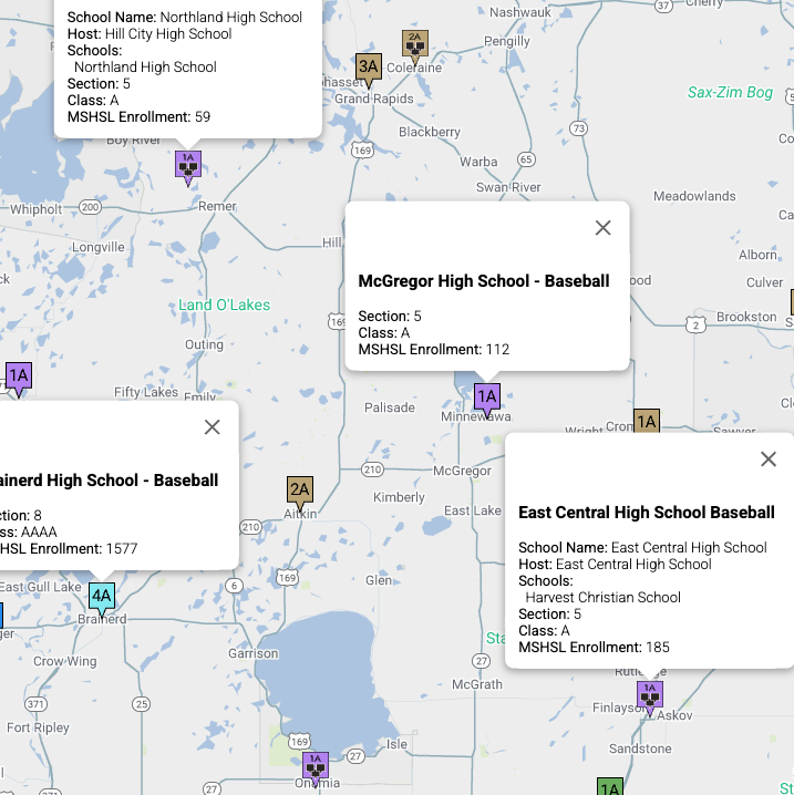 Markers and modals on the MSHSL Competitive Section Map